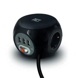 ACT AC2400 Stekkerdoos kubus 3-voudig met USB-A 1,5m